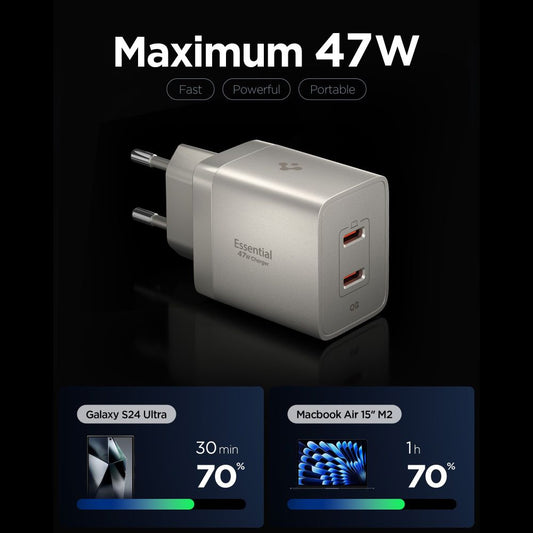 Incarcator Retea Spigen EE472EU Essential, 47W, 3A, 2 x USB-C, Gri Titan ACH10451