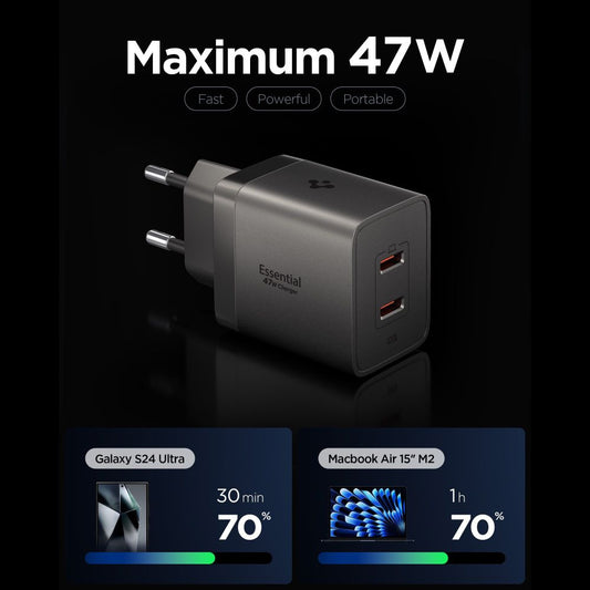 Incarcator Retea Spigen EE472EU Essential, 47W, 3A, 2 x USB-C, Gri ACH10450