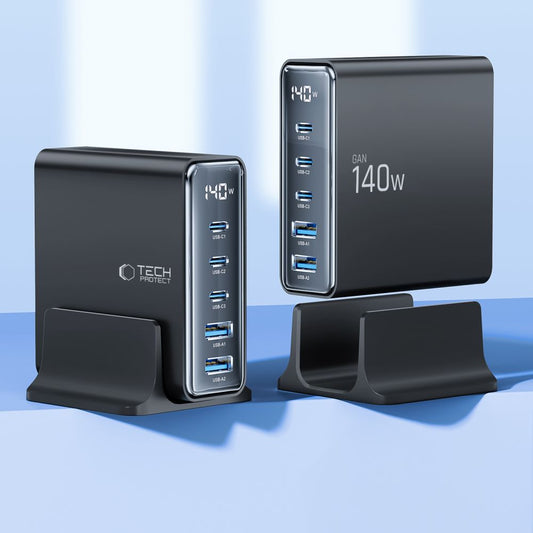 Incarcator Statie Tech-Protect DC140W, 140W, 3A, 2 x USB-A - 3 x USB-C, Negru