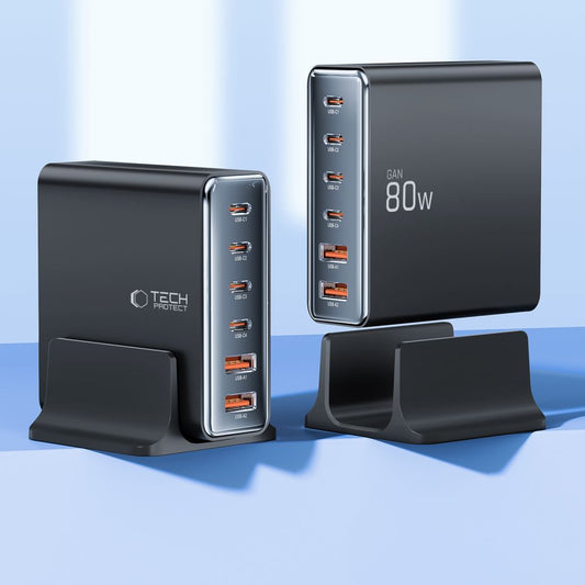 Incarcator Retea Tech-Protect DC80W, 80W, 3A, 2 x USB-A - 4 x USB-C, Negru