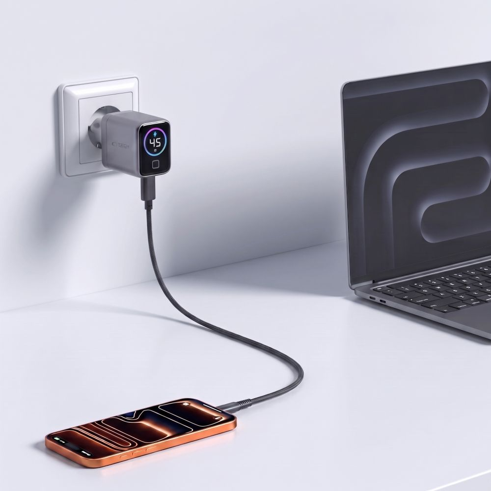 Incarcator Retea Tech-Protect NC45W Display, 45W, 3A, 1 x USB-C, Gri