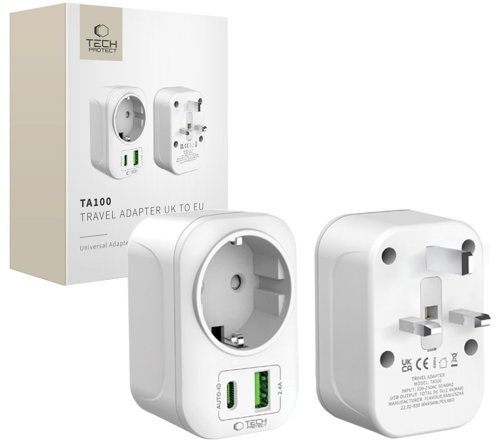 Incarcator Retea Tech-Protect TA100 Travel UK, 20W, 3A, 1 x Schuko - 1 x USB-A - 1 x USB-C, Alb