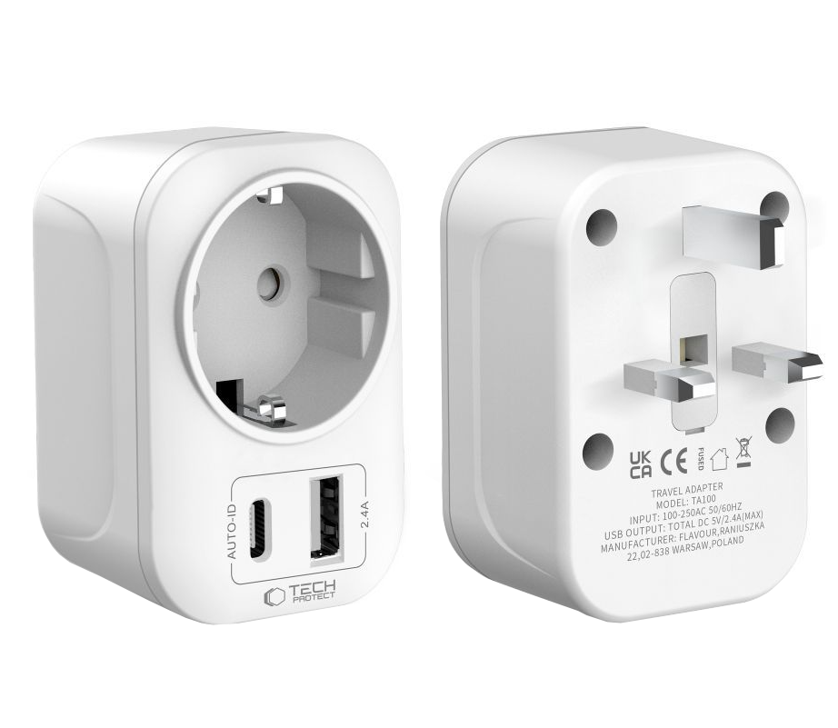 Incarcator Retea Tech-Protect TA100 Travel UK, 20W, 3A, 1 x Schuko - 1 x USB-A - 1 x USB-C, Alb