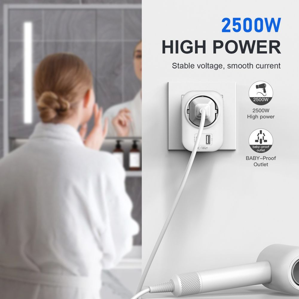 Incarcator Retea Tech-Protect TA100 Travel UK, 20W, 3A, 1 x Schuko - 1 x USB-A - 1 x USB-C, Alb