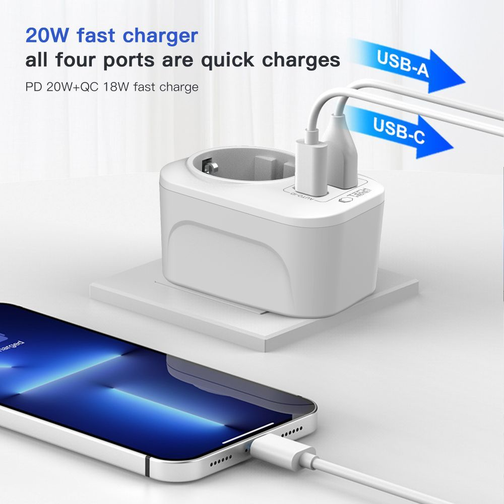 Incarcator Retea Tech-Protect TA100 Travel UK, 20W, 3A, 1 x Schuko - 1 x USB-A - 1 x USB-C, Alb