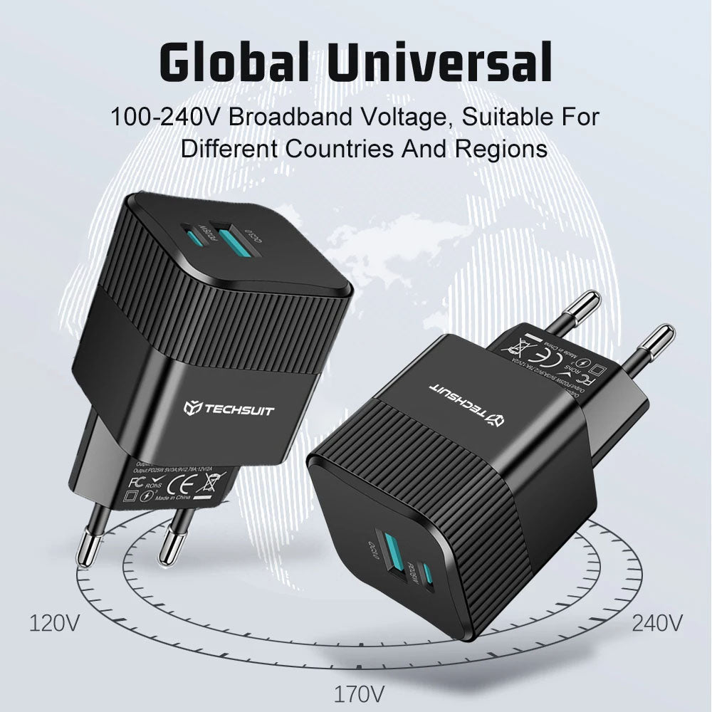 Incarcator Retea Techsuit CHPD216 Tiny, 25W, 3A, 1 x USB-A - 1 x USB-C, Alb