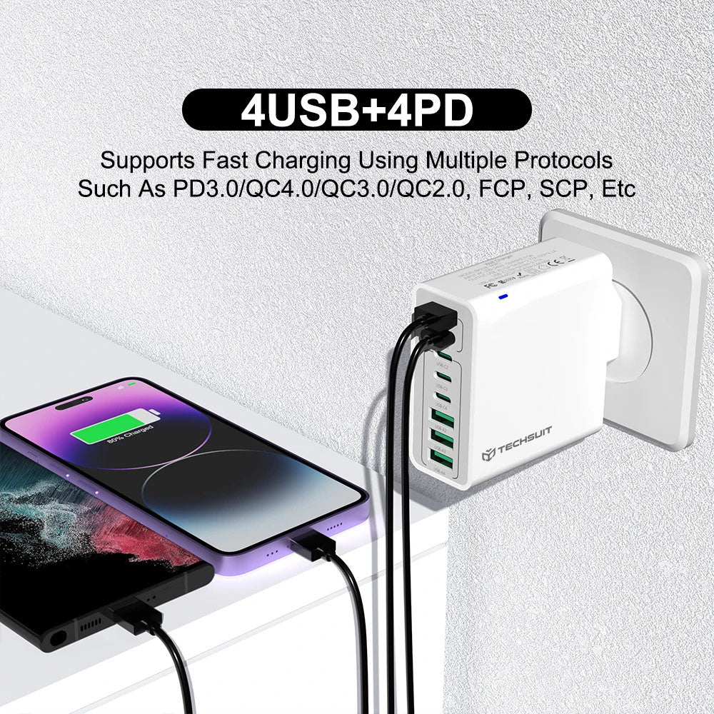Incarcator Retea Techsuit CHPD224, 65W, 3.25A, 4 x USB-A - 4 x USB-C, Negru