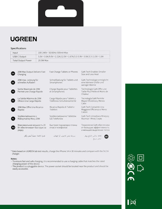 Incarcator Retea UGREEN CD318, 20W, 3A, 1 x USB-C, Gri