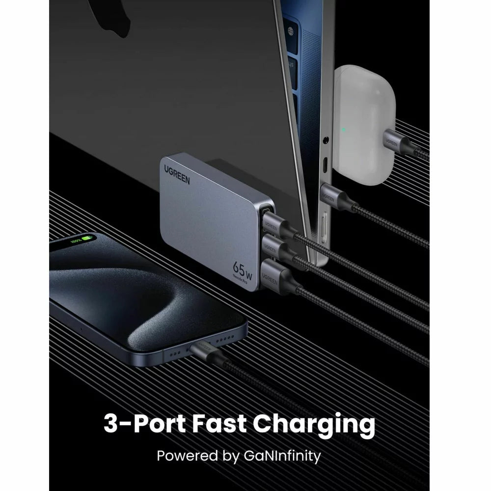 Incarcator Retea UGREEN X753 Nexode Pro, 65W, 3A, 1 x USB-A - 2 x USB-C, Gri
