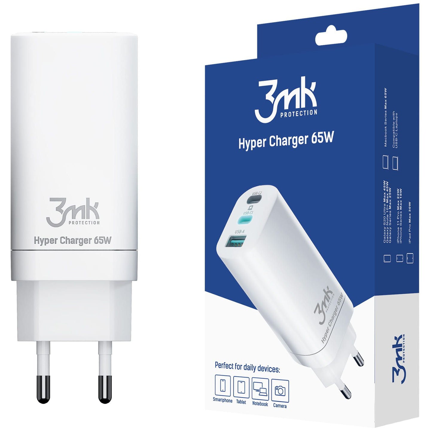 Incarcator Retea 3MK HyperCharger, 65W, 5A, 1 x USB-A - 2 x USB-C, Alb