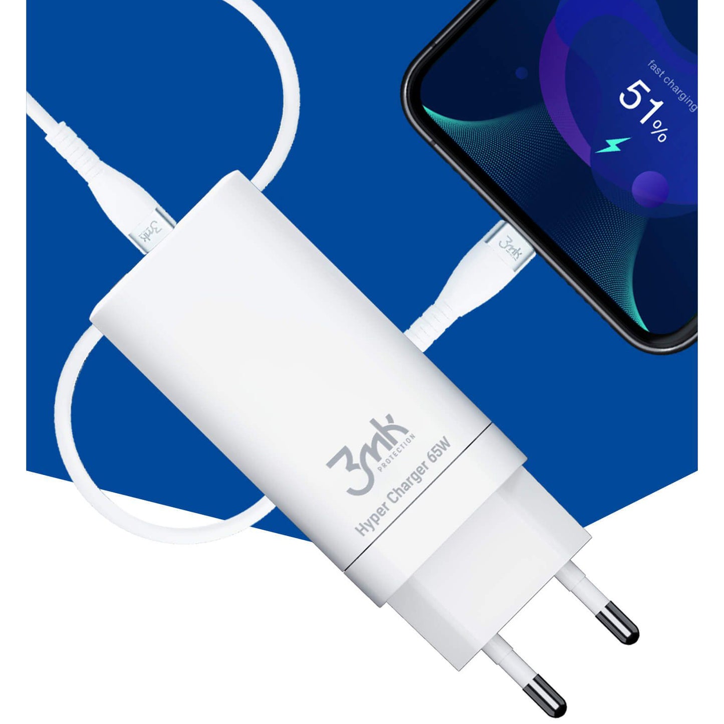 Incarcator Retea 3MK HyperCharger, 65W, 5A, 1 x USB-A - 2 x USB-C, Alb