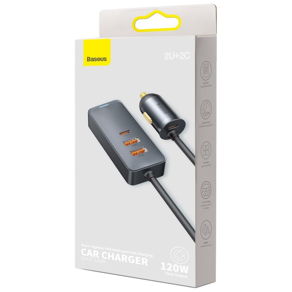 Incarcator Auto Baseus Share Together, 120W, 3A, 2 x USB-A - 2 x USB-C, Gri CCBT-A0G