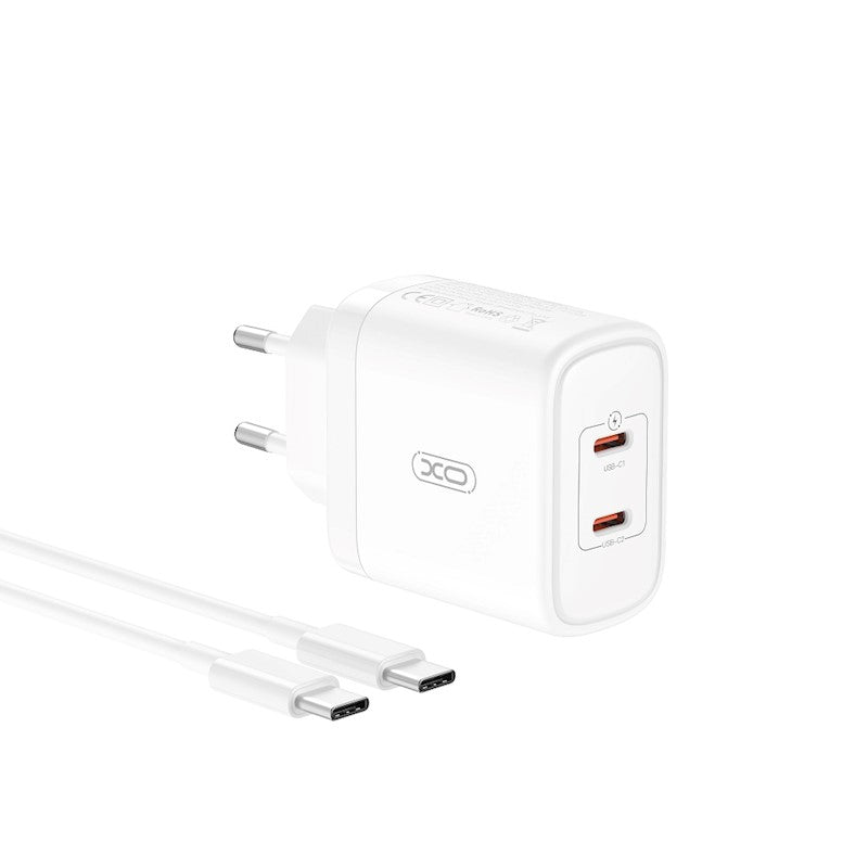 Incarcator Retea Cu Cablu USB-C XO Design CE08, 50W, 3A, 2 x USB-C, Alb