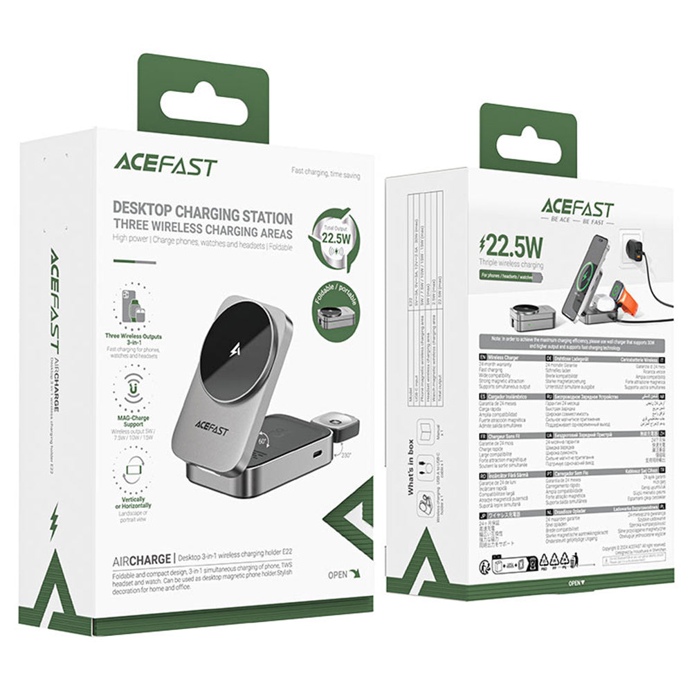 Incarcator Retea Wireless Acefast E22 3in1, 22.5W, 1.67A, Gri