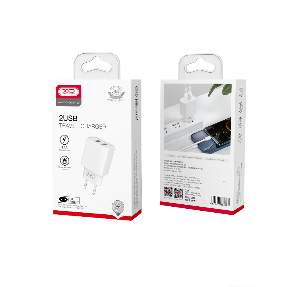 Incarcator Retea XO Design CE02C, 10.5W, 2.1A, 2 x USB-A, Alb