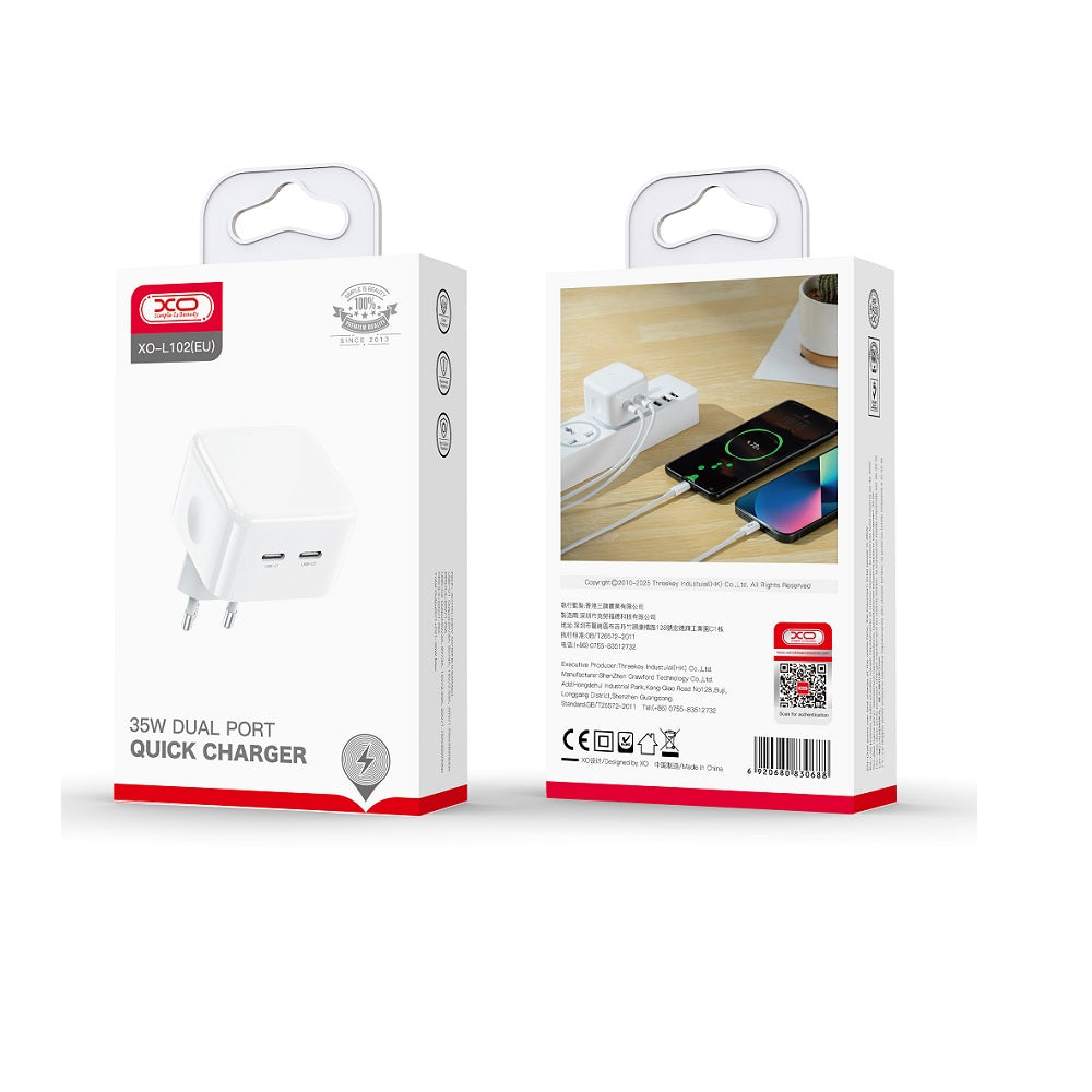 Incarcator Retea XO Design L102, 35W, 3A, 2 x USB-C, Alb