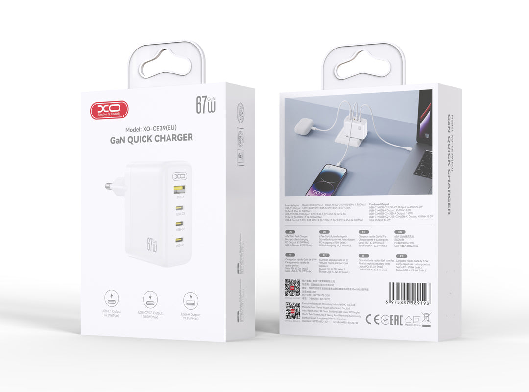 Incarcator Retea XO Design CE39, 67W, 3A, 1 x USB-A - 3 x USB-C, Alb