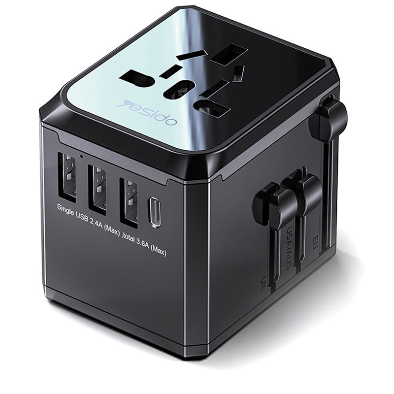 Incarcator Retea Yesido MC10 Travel, 12W, 2.4A, 1 x USB-C - 3 x USB-A, Negru