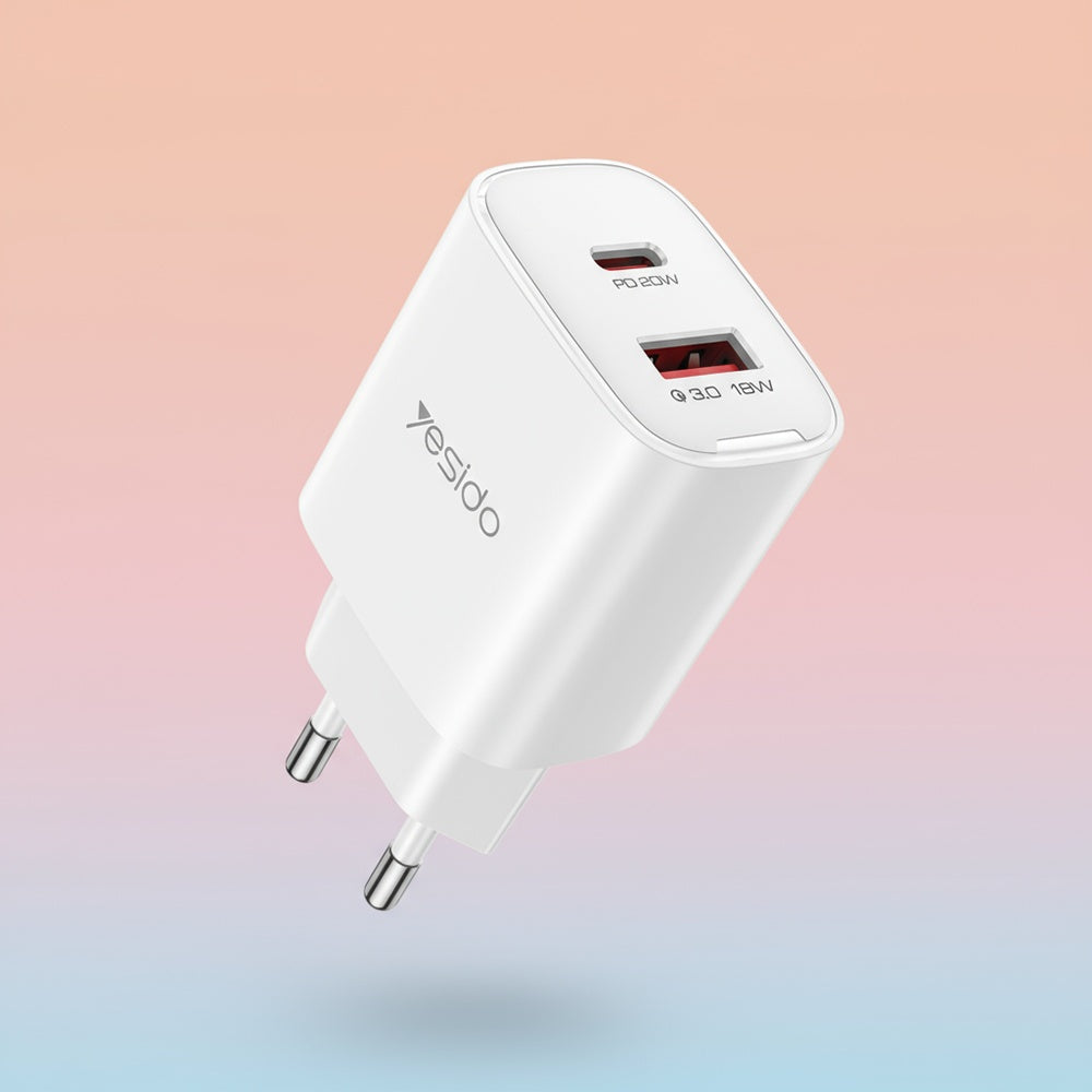 Incarcator Retea Yesido YC02E, 20W, 3A, 1 x USB-A - 1 x USB-C, Alb