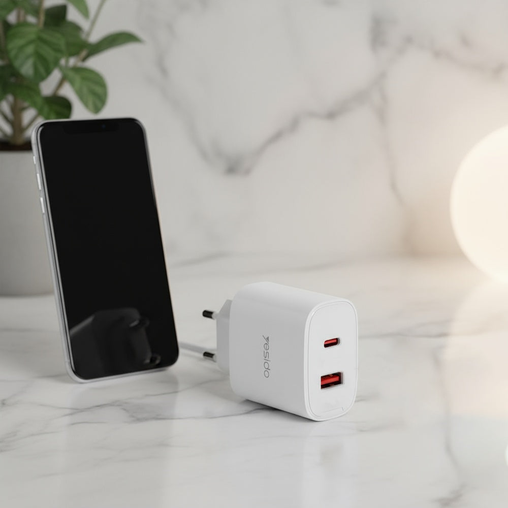 Incarcator Retea Yesido YC02E, 20W, 3A, 1 x USB-A - 1 x USB-C, Alb