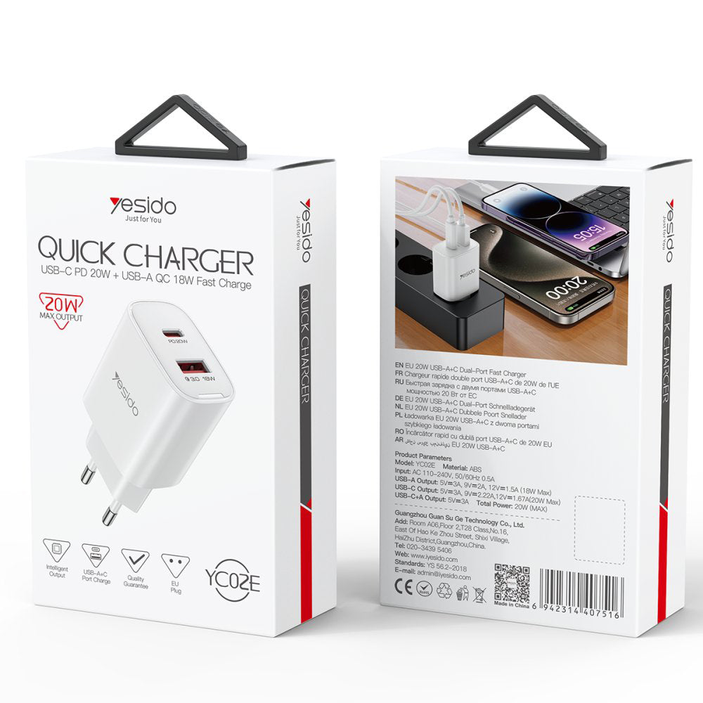 Incarcator Retea Yesido YC02E, 20W, 3A, 1 x USB-A - 1 x USB-C, Alb