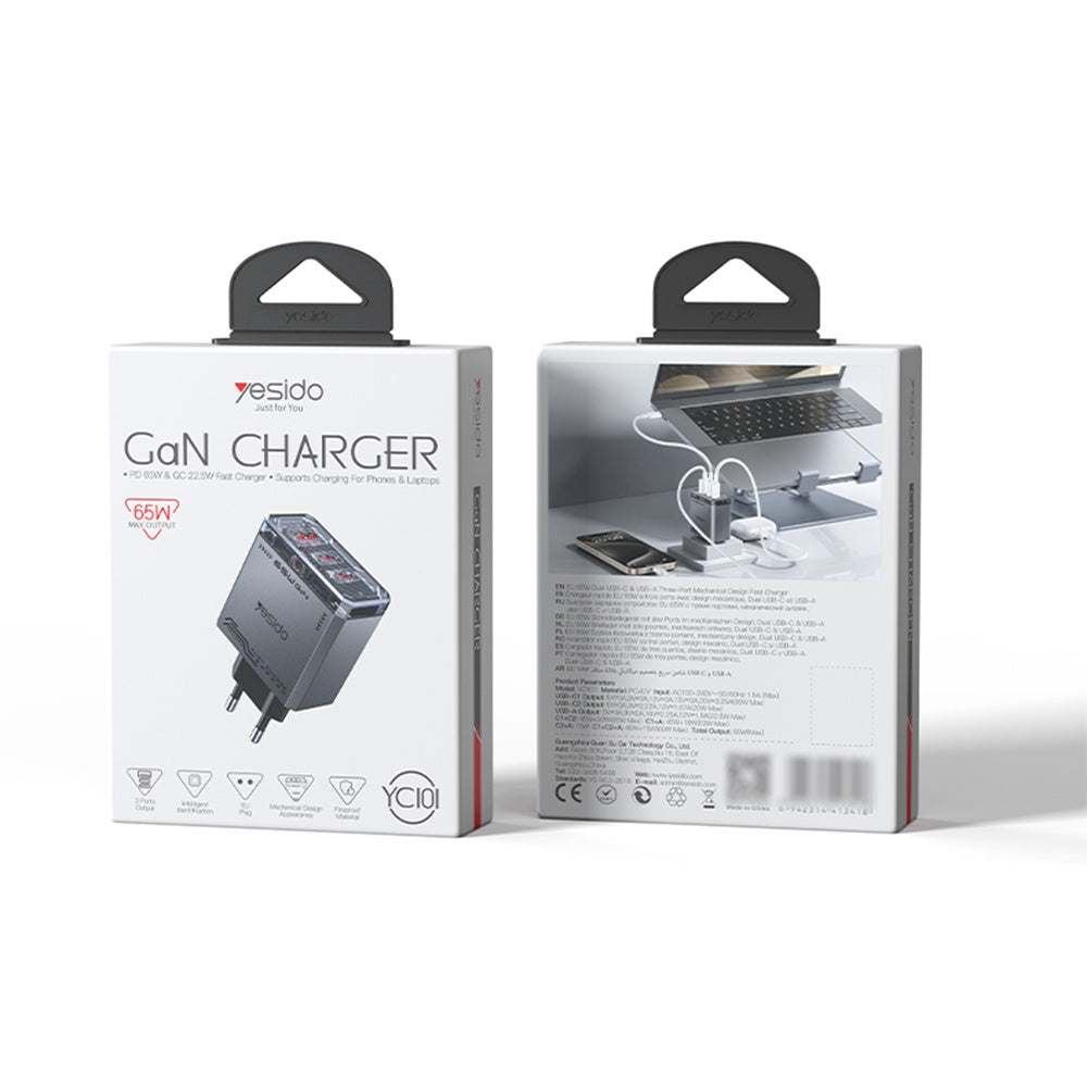 Incarcator Retea Yesido YC101, 65W, 3.25A, 1 x USB-A - 2 x USB-C, Negru