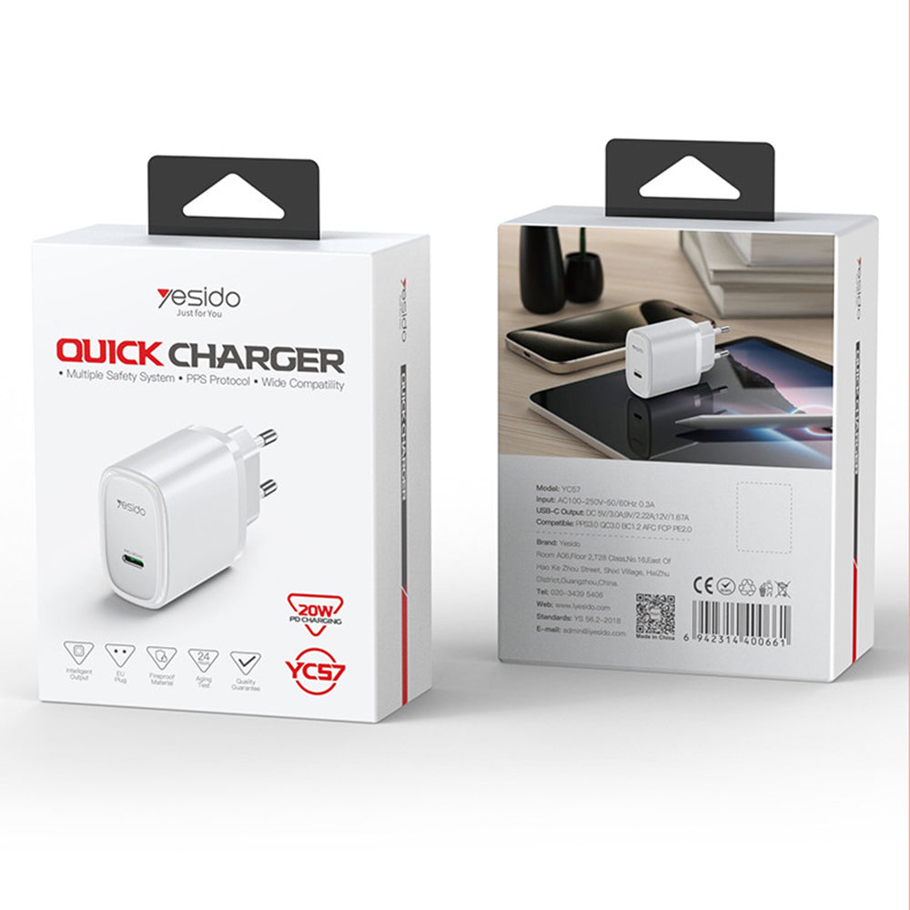 Incarcator Retea Yesido YC57, 20W, 3A, 1 x USB-C, Alb