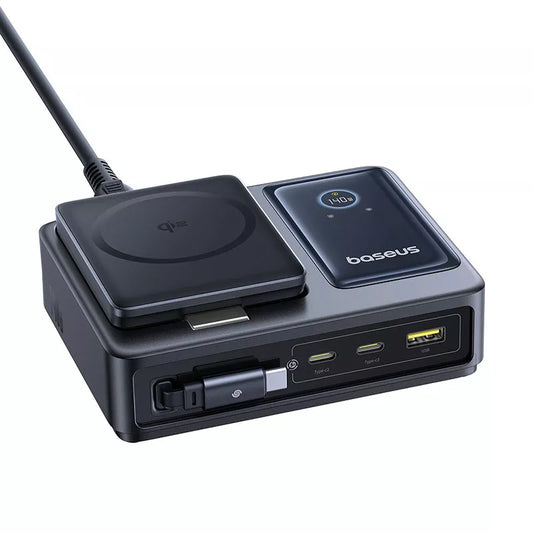 Incarcator Statie Baseus Nomos QI 5in1, 140W, 5A, 1 x USB-A - 2 x USB-C, Negru P10178800123-00