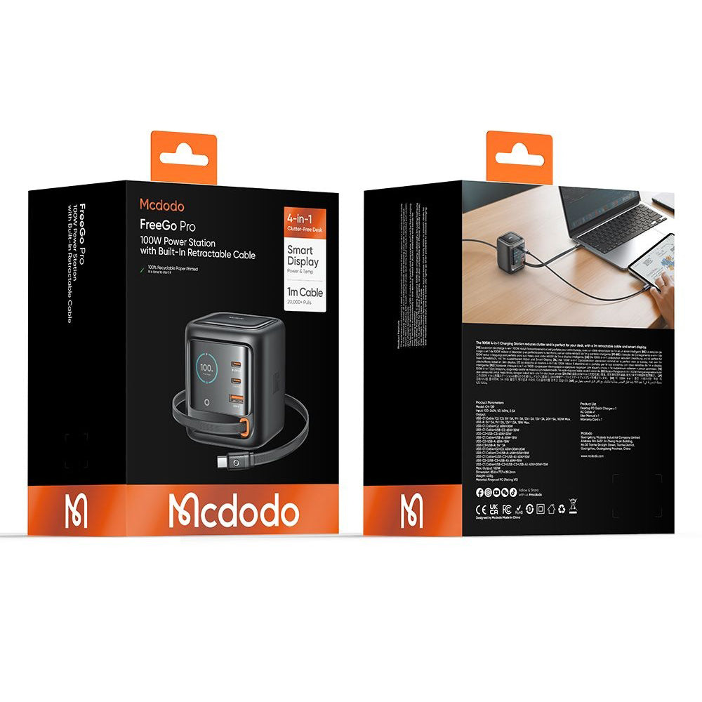 Incarcator Statie Cu Cablu USB-C Mcdodo FreeGo CH-1391 Display, 100W, 5A, 1 x USB-A - 2 x USB-C, Negru