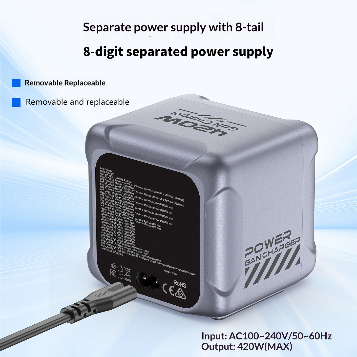 Incarcator Statie OEM BK-126D, 140W, 5A, 2 x USB-A - 6 x USB-C, Gri