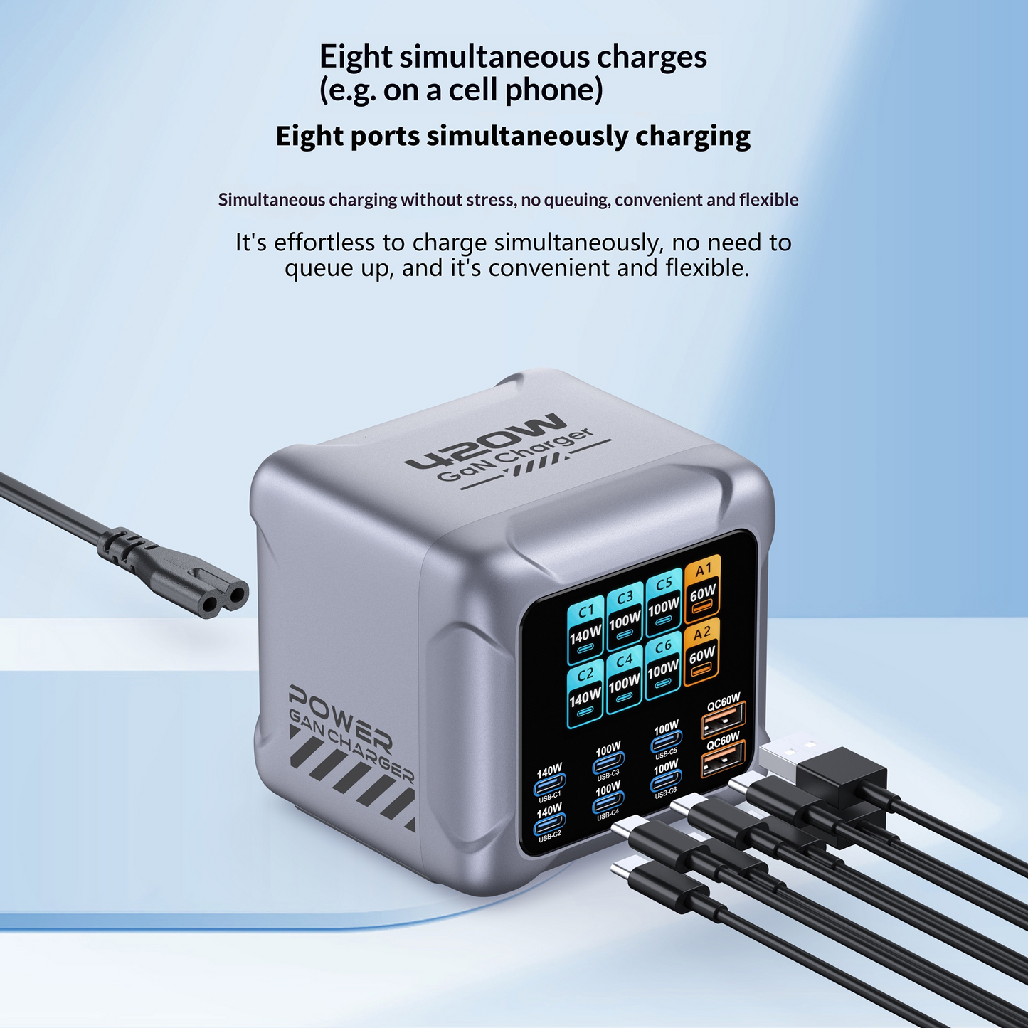 Incarcator Statie OEM BK-126D, 140W, 5A, 2 x USB-A - 6 x USB-C, Gri
