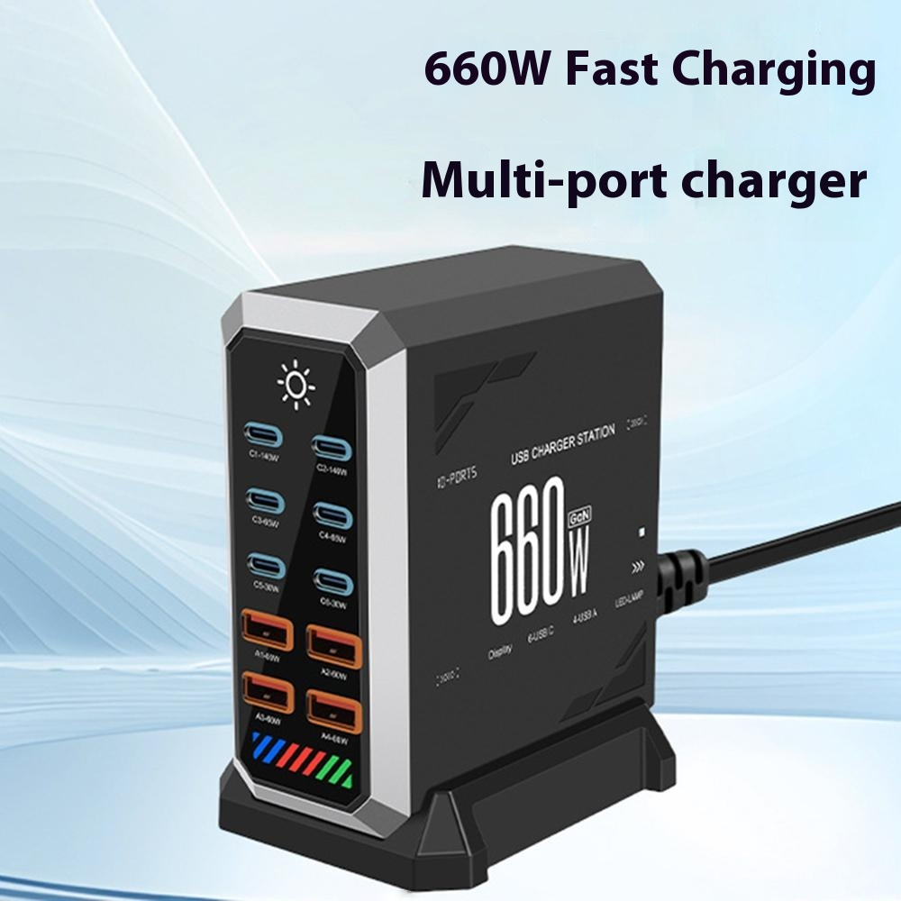Incarcator Statie OEM HW18, 660W, 5A, 4 x USB-A - 6 x USB-C, Negru