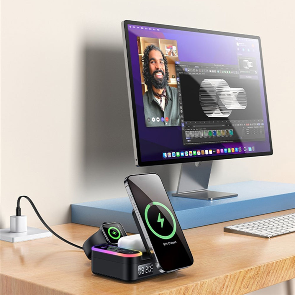 Incarcator Statie Yesido DS38 Display QI 3in1, 65W, 3A, 1 x USB-A - 2 x USB-C, Negru