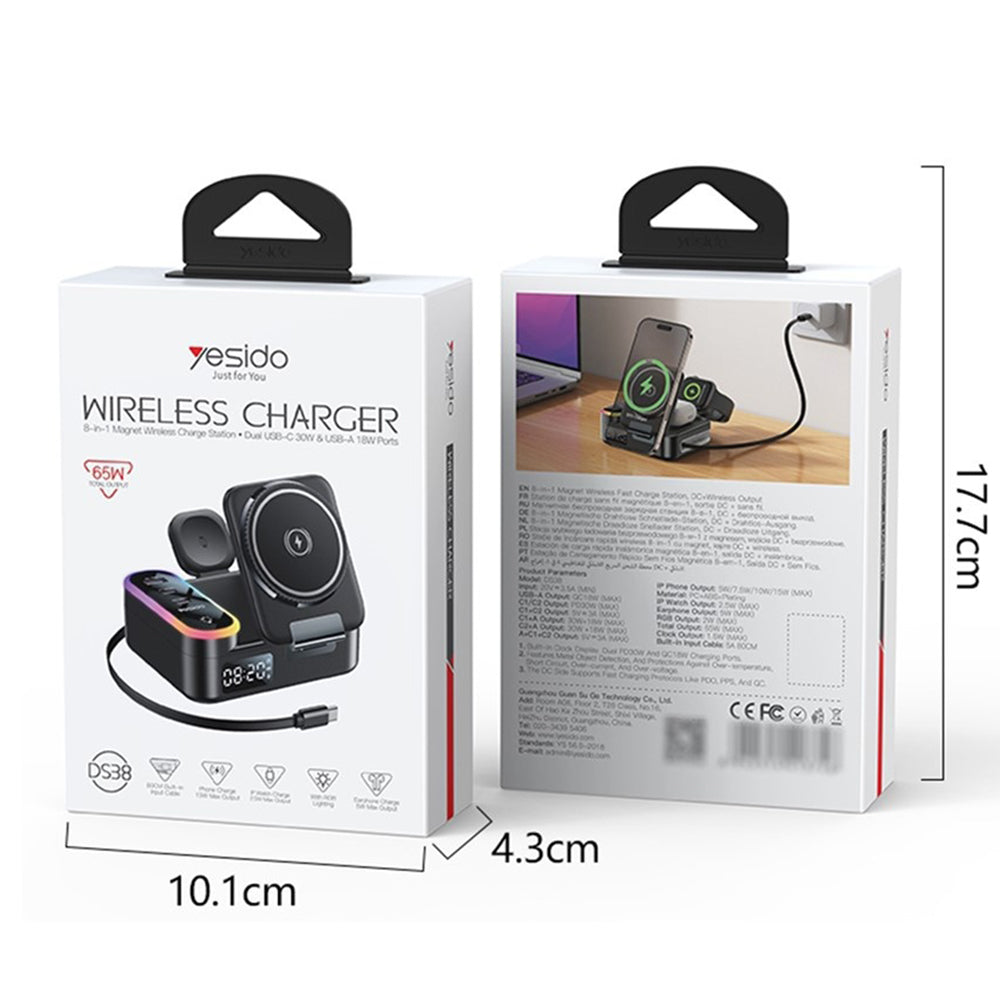 Incarcator Statie Yesido DS38 Display QI 3in1, 65W, 3A, 1 x USB-A - 2 x USB-C, Negru