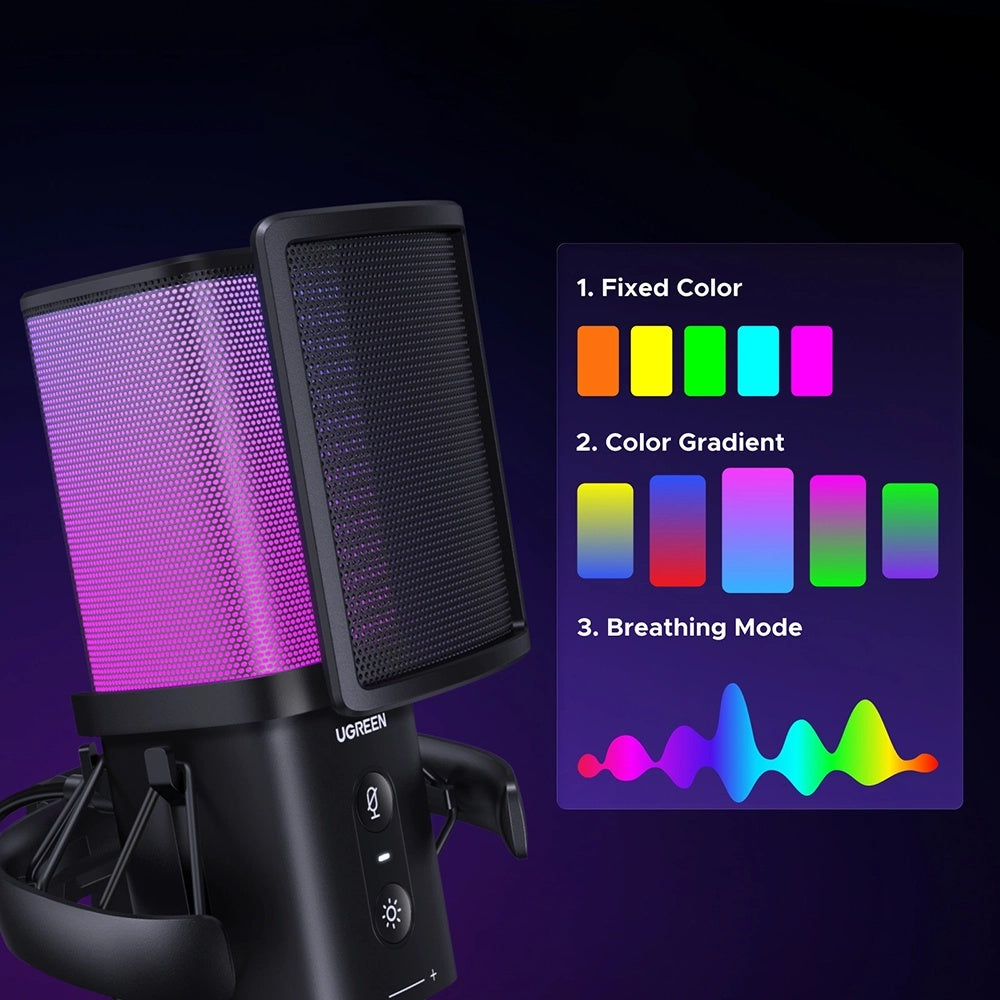Microfon Cardioid UGREEN CM581 (65629), RGB, USB-C, 1.5m, Negru