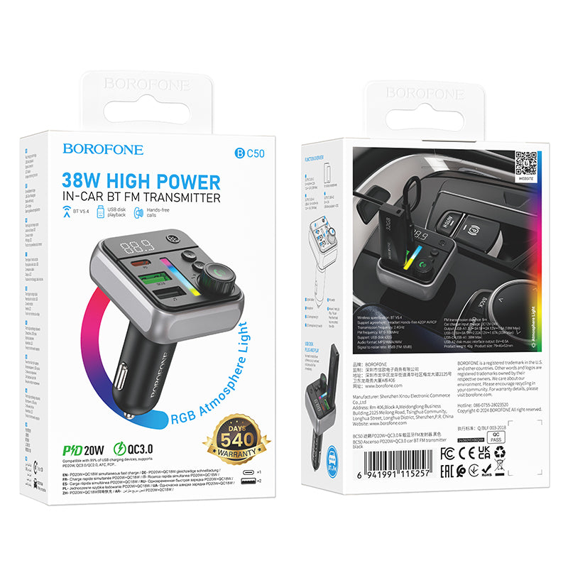 Modulator FM Bluetooth Borofone BC50 Ascenso, 2 x USB-A - 1 x USB-C