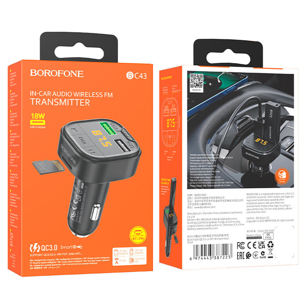 Modulator FM Bluetooth Borofone BC43 Flash, 2 x USB-A - 1 x microSD