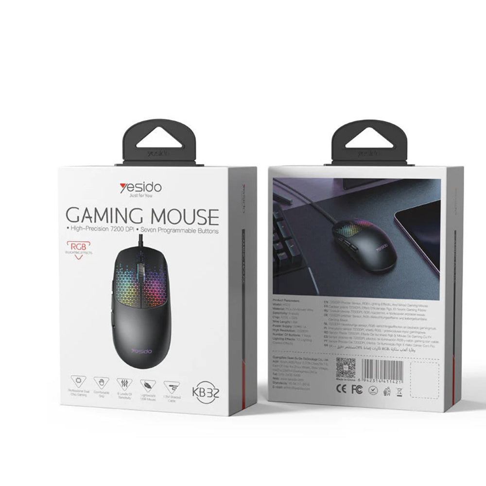 Mouse Gaming Wired USB Yesido KB32, RGB, 7200DPI, Negru