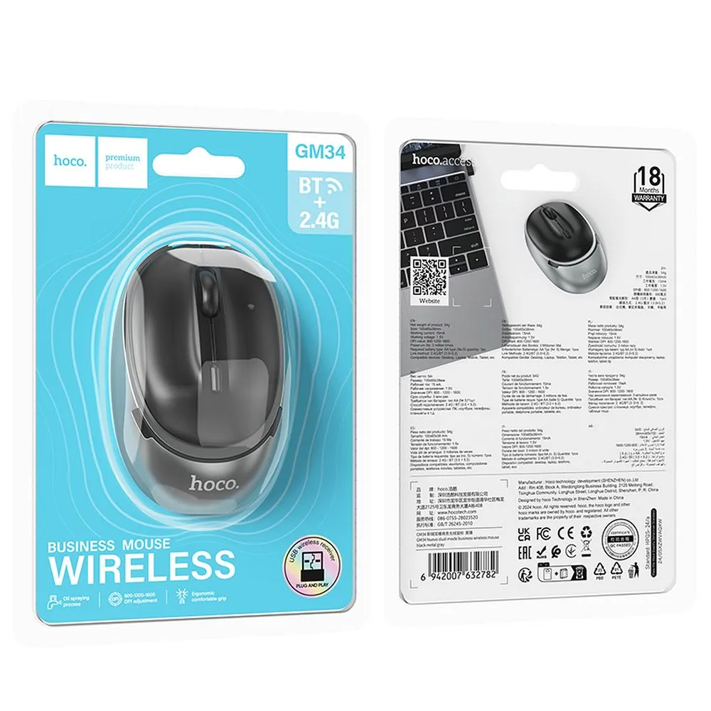 Mouse Wireless HOCO GM34, 1600DPI, BT / Wi-Fi, Negru