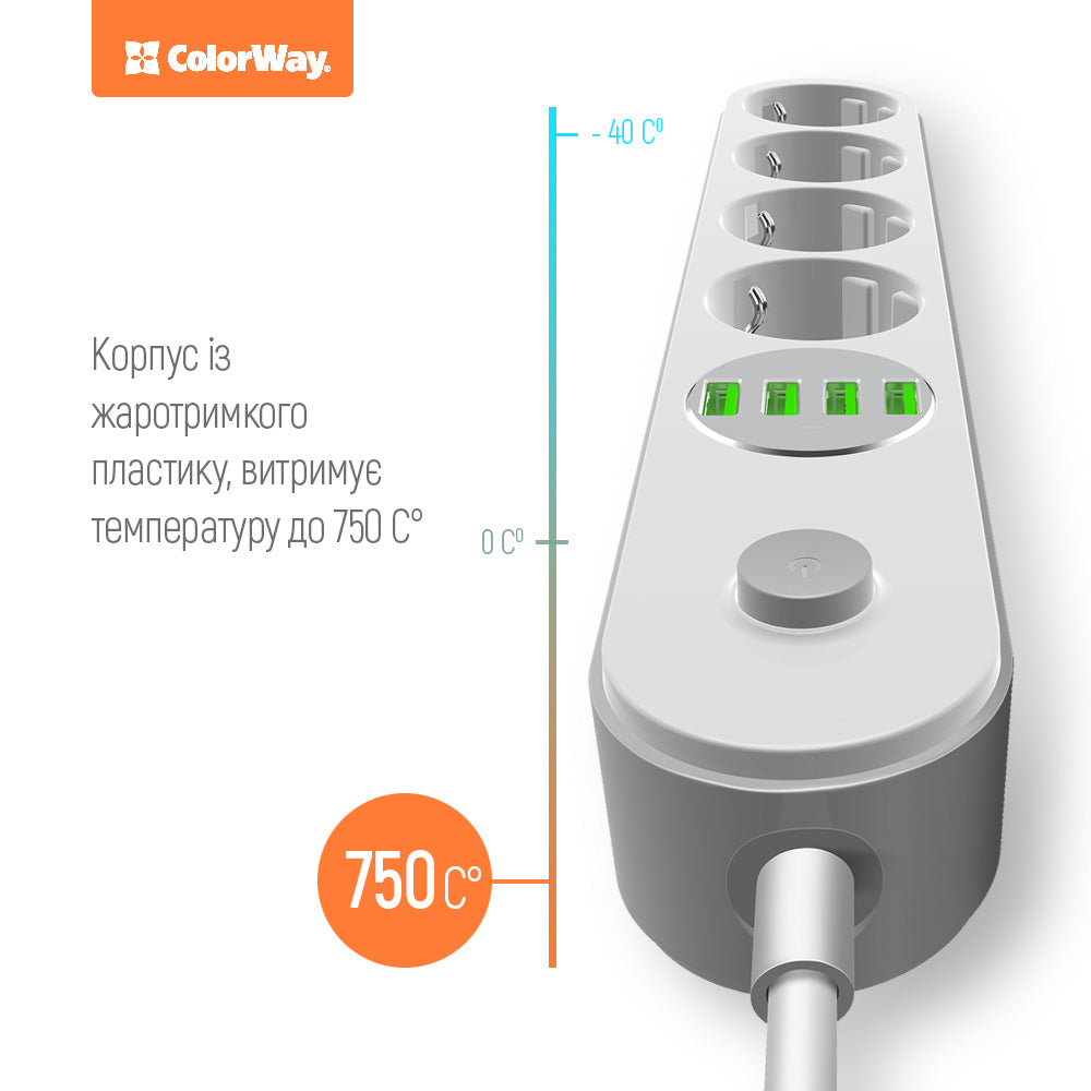 Prelungitor ColorWay, 4 x Schuko - 4 x USB-A, Alb