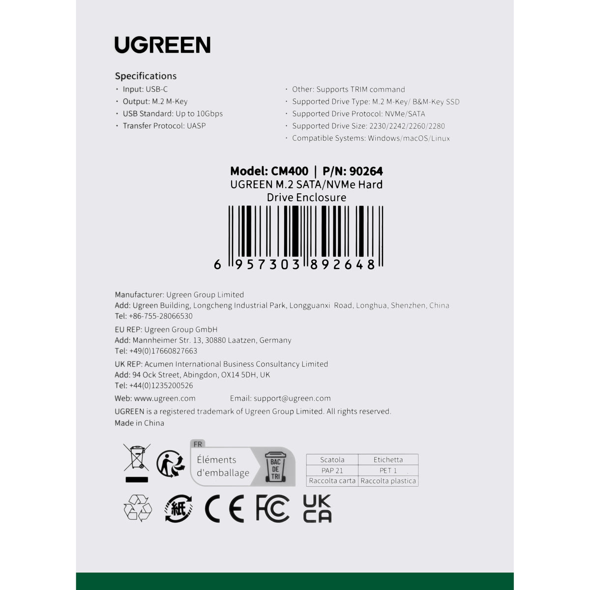 Rack UGREEN CM400 pentru SSD M.2 NVMe, Gri