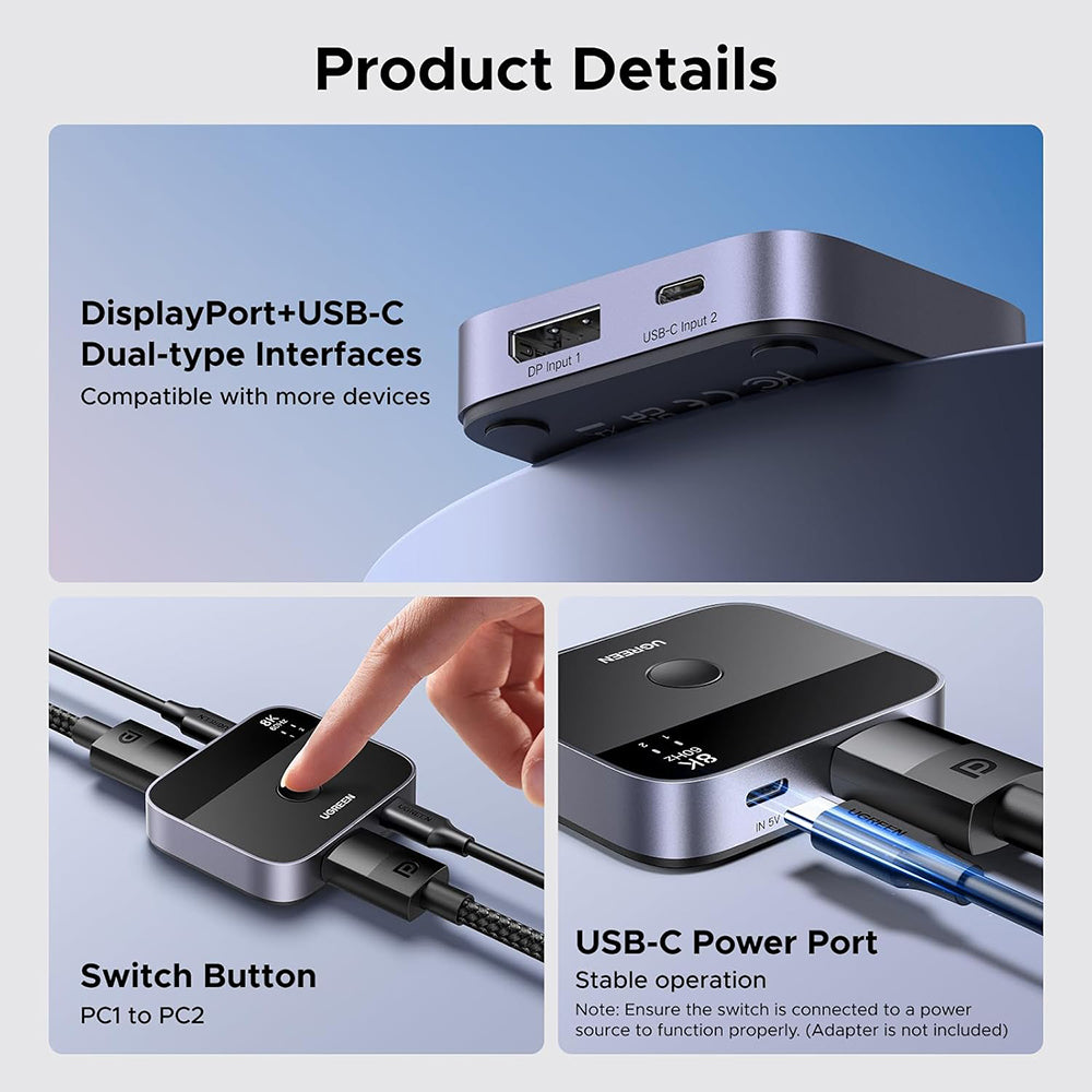 Switch Video DisplayPort / USB-C UGREEN 65878, Negru