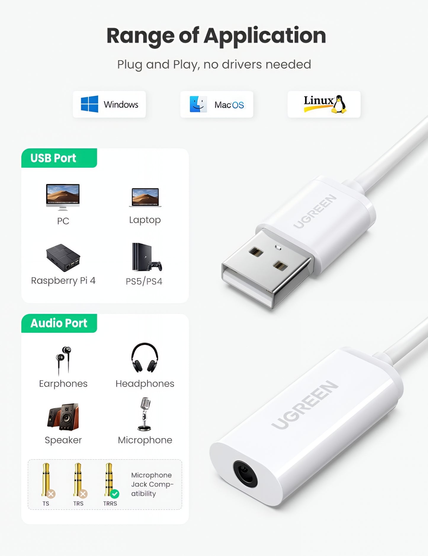 Adaptor Audio UGREEN US206, USB-A - 3.5mm, Alb