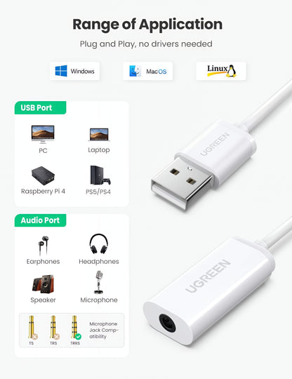 Adaptor Audio UGREEN US206, USB-A - 3.5mm, Alb