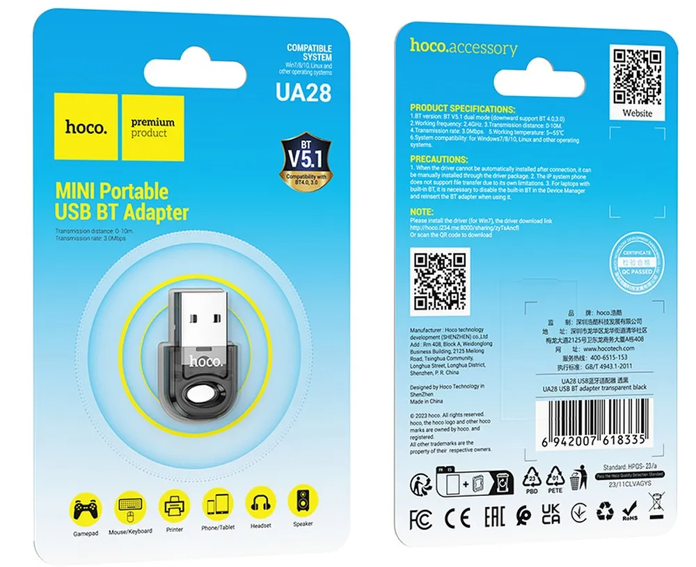 Adaptor Bluetooth USB HOCO UA28, Negru