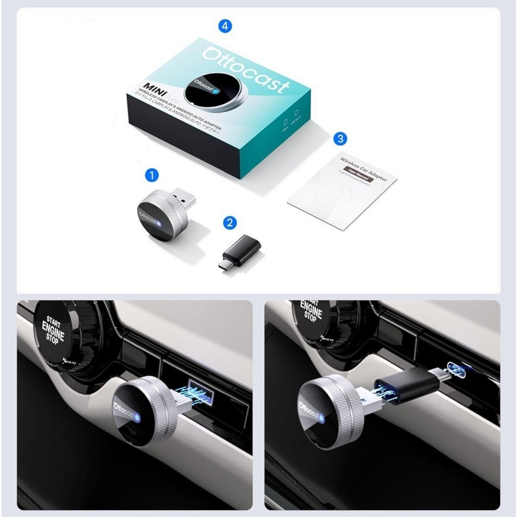 Adaptor Carplay / Android Auto Wireless Ottocast Mini Slim Tube pentru Apple iPhone / Android Series CP88-T4