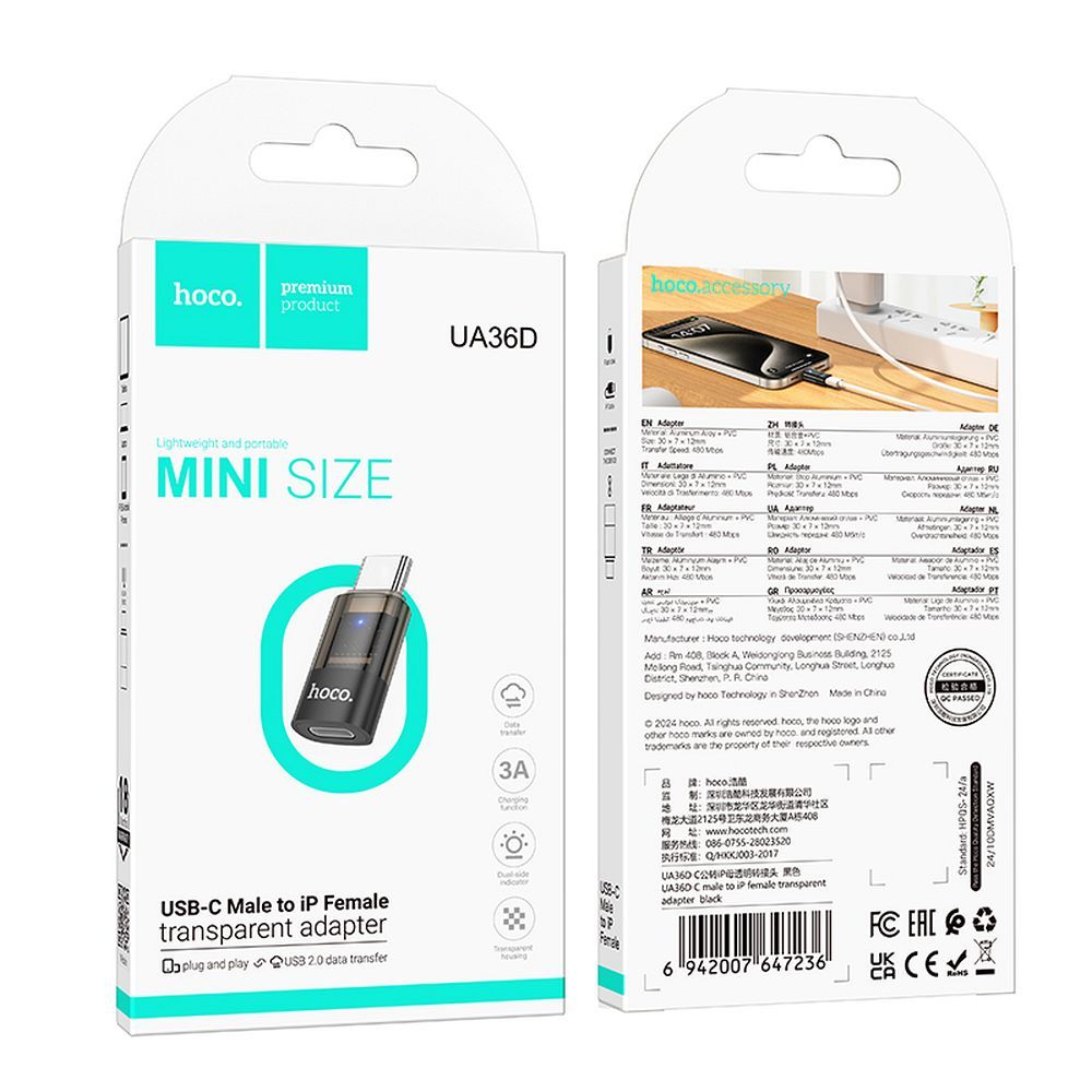 Adaptor Date si Incarcare Lightning - USB-C HOCO UA36D, Negru