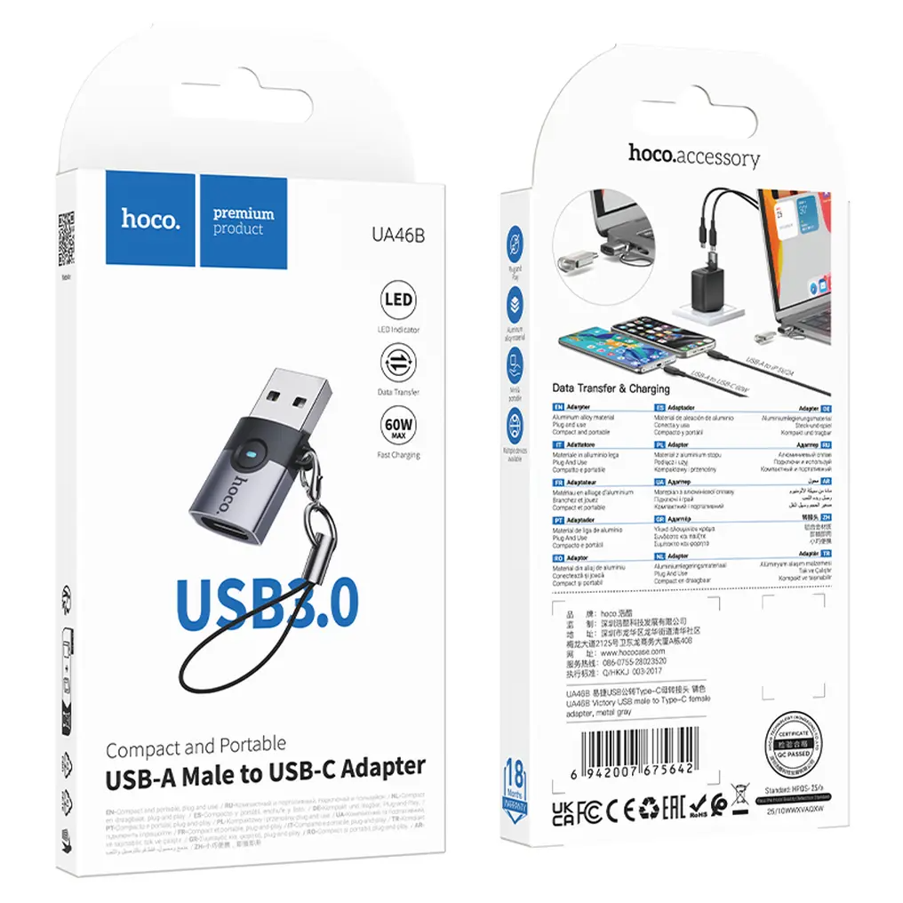 Adaptor Date si Incarcare USB-C - USB-A HOCO UA46B, Gri