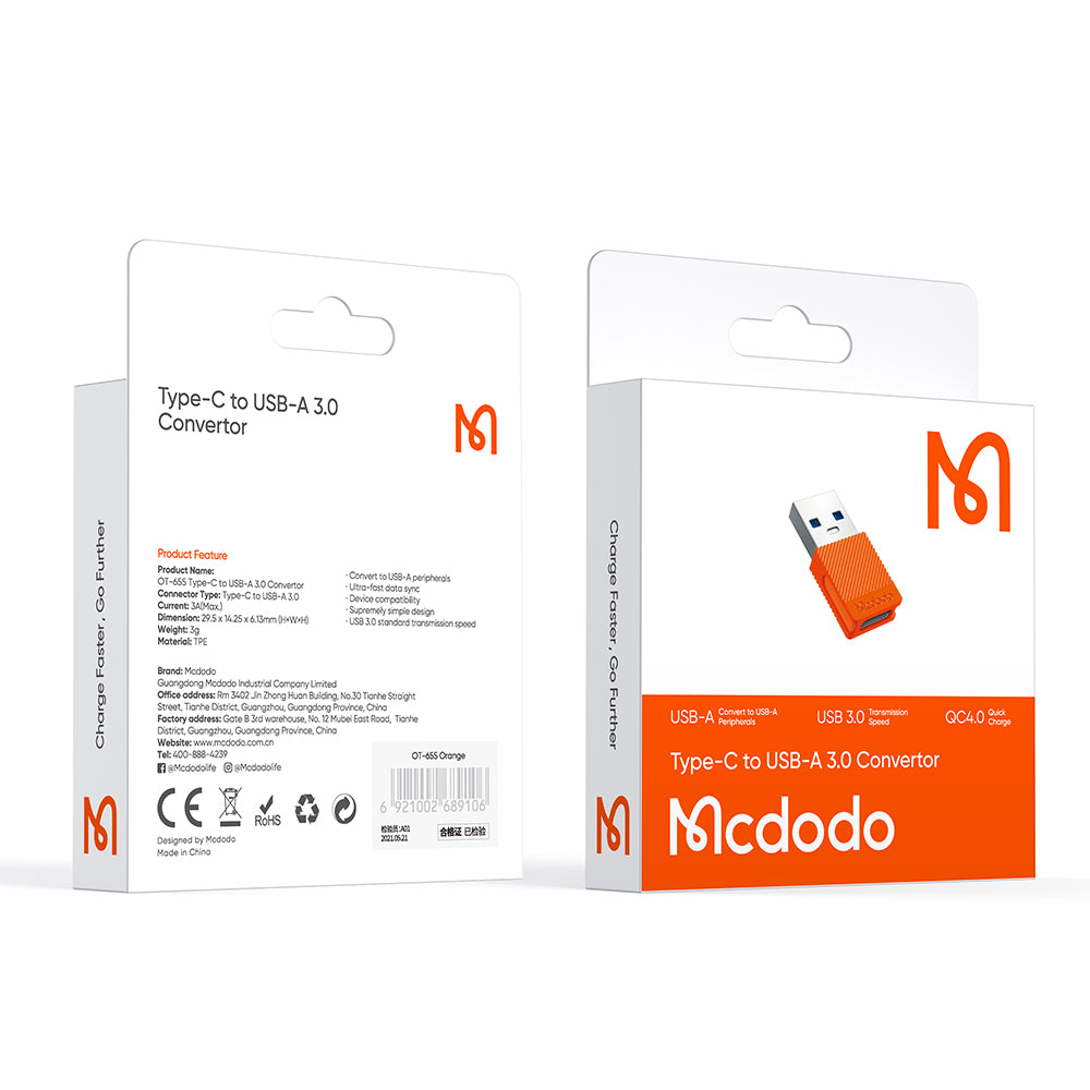 Adaptor Date si Incarcare USB-C - USB-A McDodo OT-6550, Portocaliu