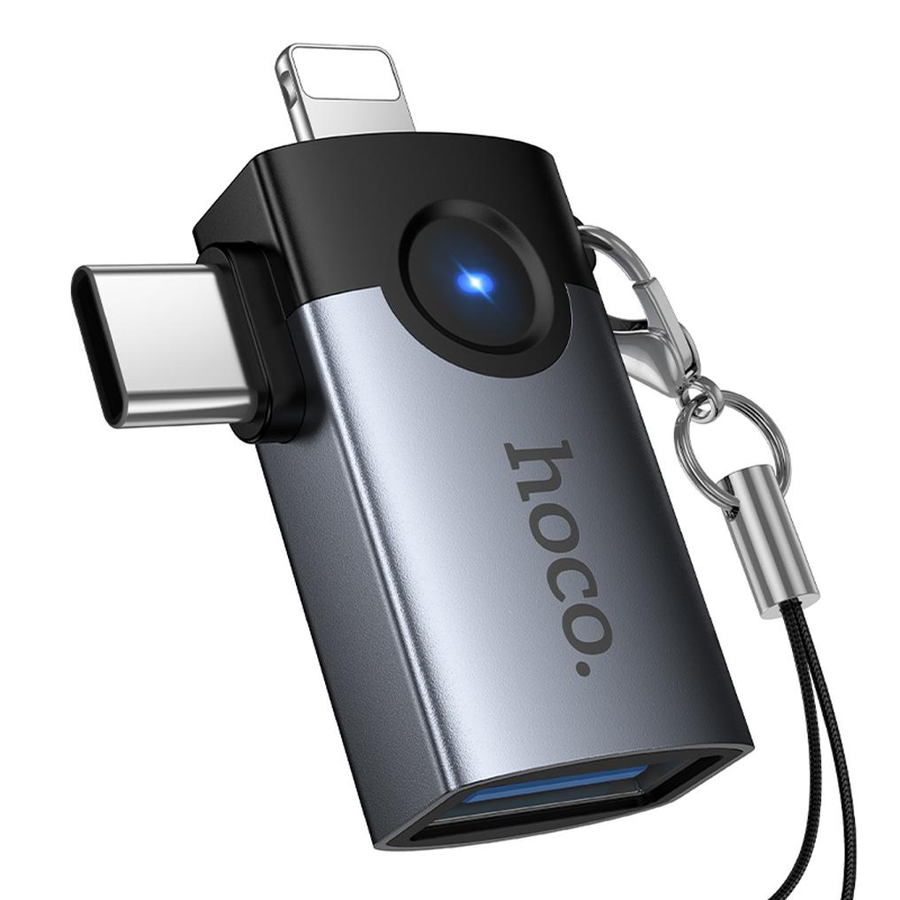 Adaptor OTG Lightning / USB-C - USB-A HOCO UA46D, Gri